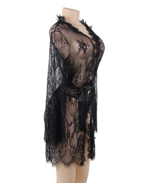 Халат еротичний мереживний + стрінги plus size. Розмір XL-2XL. Колір Чорний. Сексуальні прозорі халати великих розмірів. 80528 фото